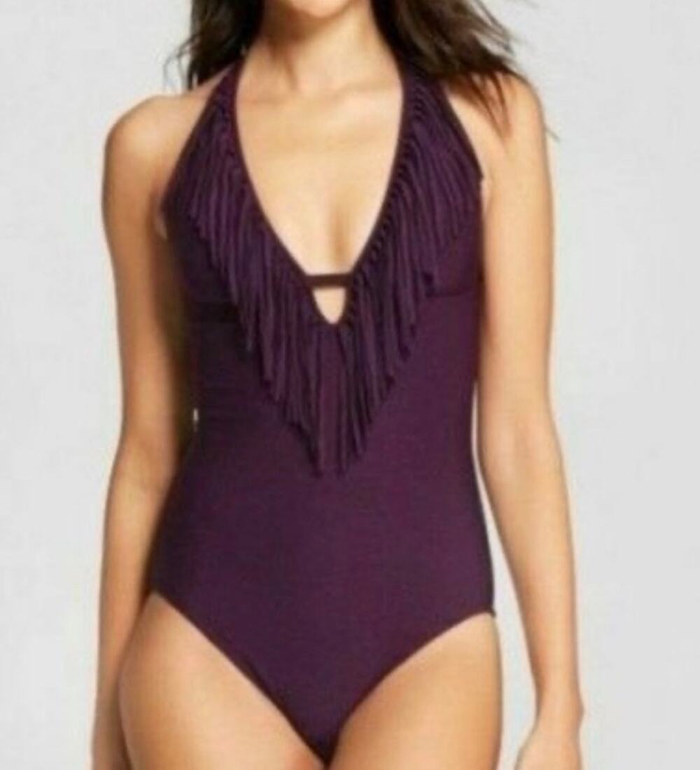 Mossimo Halter plum purple fringe one piece bathing suit NWT v neck swim Small